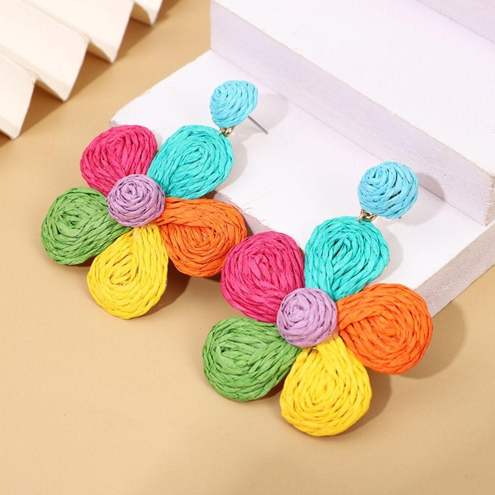 Серьги-подвески из рафии, цветочные серьги-подвески, элегантные деревянные серьги-подвески, праздничные роза розовый